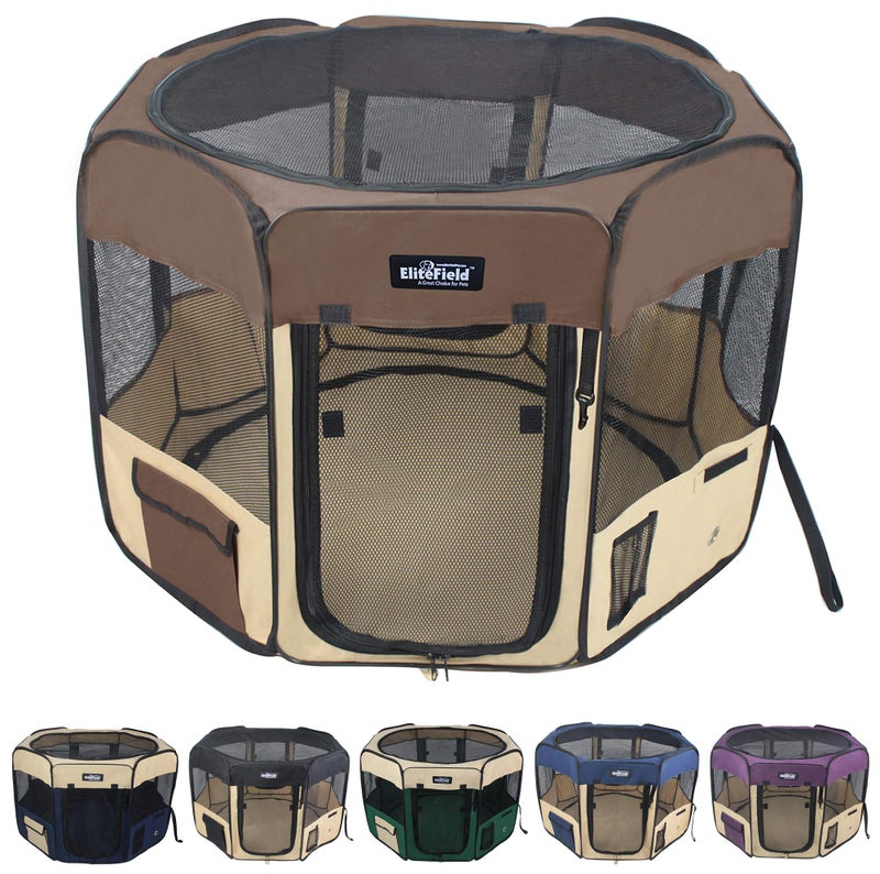 EliteField 2-Door Soft Pet Playpen (2 Year Warranty), Exercise Pen, Multiple Sizes and Colors Available for Dogs, Cats and Other Pets (42" x 42" x 24"H, Brown+Beige) - Image 1